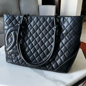 Chanel Cambon Line Tote Shoulder Bag Quilted Calfskin Leather Black